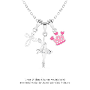 Sterling Silver necklace with ballerina, infinity cross, and tiara charms on a white background.