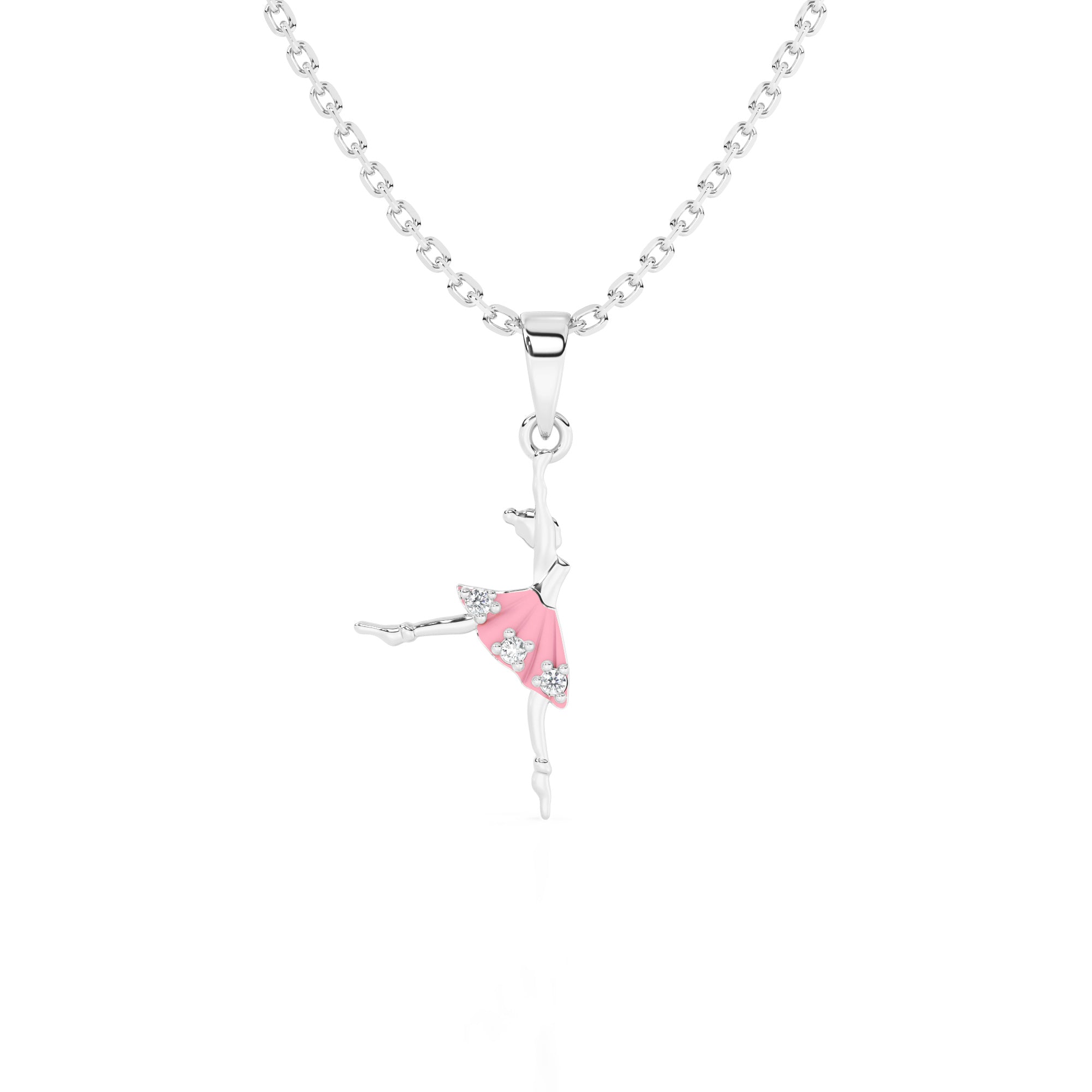 Sterling silver necklace with a pink fairy pendant on a white background.