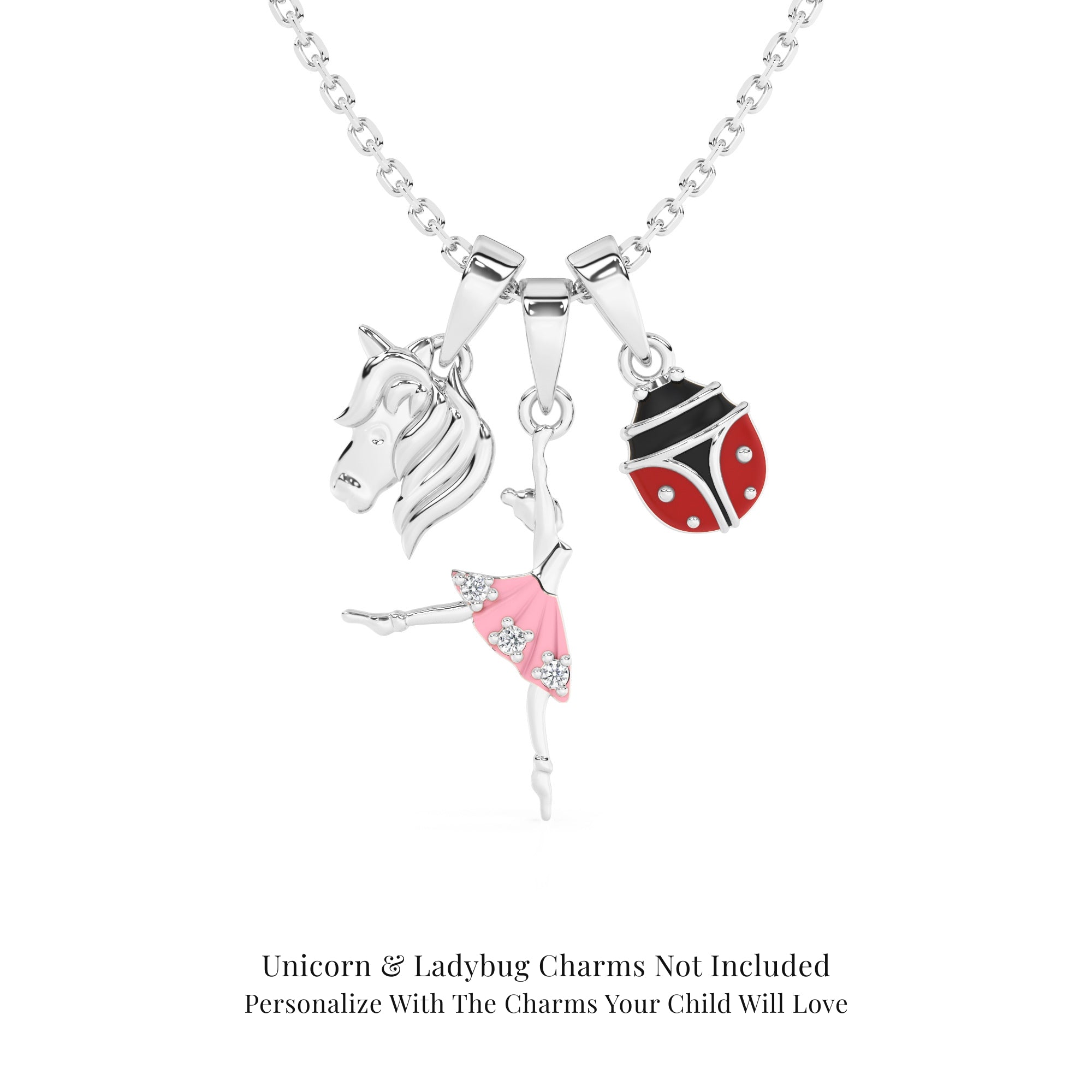 Sterling Silver necklace with ballerina pendant, unicorn, and ladybug charms on a white background.