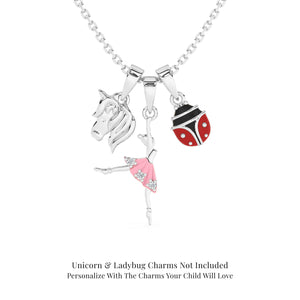 Sterling Silver necklace with ballerina pendant, unicorn, and ladybug charms on a white background.