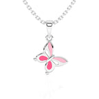 Sterling Silver butterfly pendant necklace with pink wings on a white background.