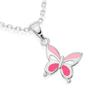 Sterling Silver butterfly pendant necklace with pink wings on a white background.