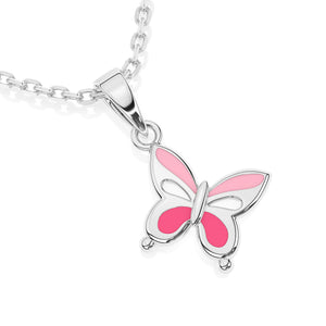 Sterling Silver butterfly pendant necklace with pink wings on a white background.