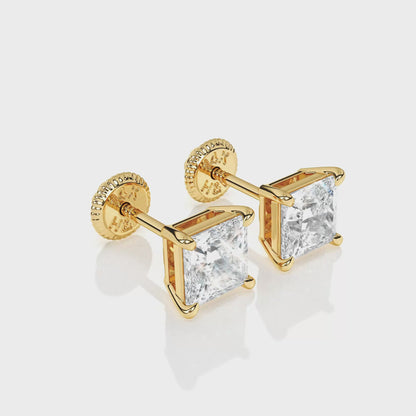 4mm Clear Princess Cut CZ, Stud Earrings - Solid 14K Gold, Screw Back, for Babies & Children