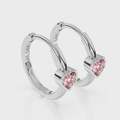 Endless Love, Pink Heart CZ, Huggie Hoop Earrings - Solid 14K White Gold, Huggie Hoop, for Babies & Children