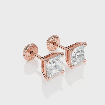 4mm Clear Princess Cut CZ, Stud Earrings - Solid 14K Rose Gold, Screw Back, for Babies & Children