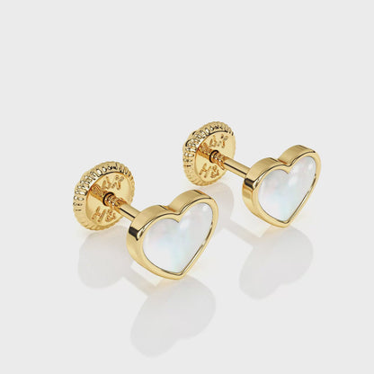 Genuine Love, Mother of Pearl Heart Stud Earrings - Solid 14K Gold, Screw Back, for Babies & Children