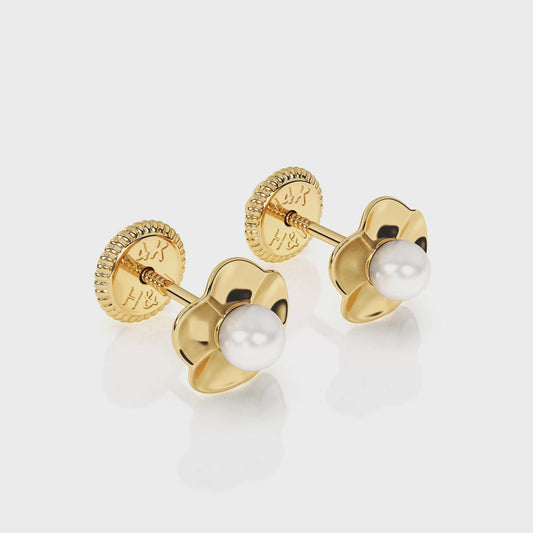 Ruffled Petals and Pearls, AAA-Pearl Stud Earrings - Solid 14K Gold, Screw Back, for Babies & Children