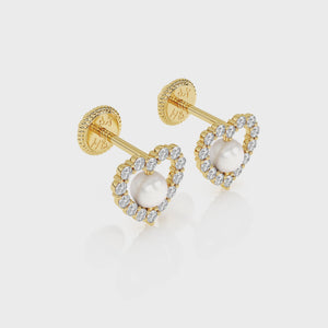 360-degree video of All My Love pearl and clear pavé CZ stud earrings in solid 14K yellow gold with screw-back posts.