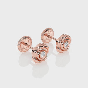Blooming Rose, Clear CZ Stud Earrings - Solid 14K Rose Gold, Screw Back, for Babies & Children