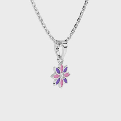 Sterling silver necklace with a colorful flower pendant and clear CZ stone on a white background video.