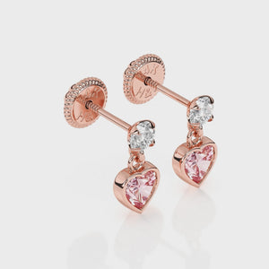 Daring Heart, Pink/Clear Heart CZ Dangle Earrings - Solid 14K Rose Gold, Screw Back, for Babies & Children
