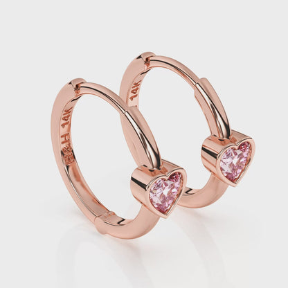 Endless Love, Pink Heart CZ, Huggie Hoop Earrings - Solid 14K Rose Gold, Huggie Hoop, for Babies & Children