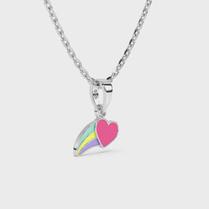 Sterling Silver necklace with a heart and rainbow pendant on a white background video.