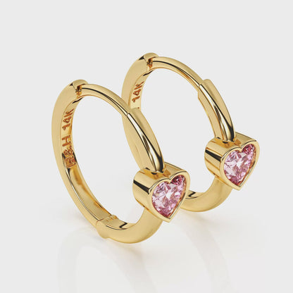 Endless Love, Pink Heart CZ, Huggie Hoop Earrings - Solid 14K Gold, Huggie Hoop, for Babies & Children