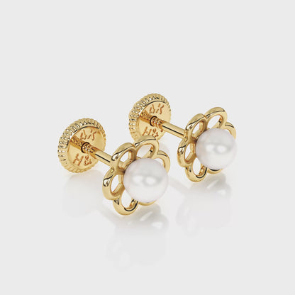 Petals and Pearls, AAA-Pearl Stud Earrings - Solid 14K Gold, Screw Back, for Babies & Children
