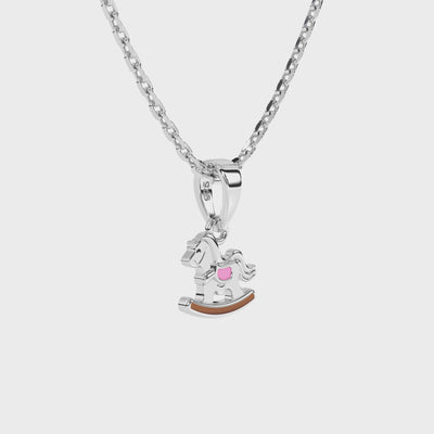 Sterling silver necklace with a rocking horse pendant on a white background video.