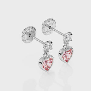 Daring Heart, Pink/Clear Heart CZ Dangle Earrings - Solid 14K White Gold, Screw Back, for Babies & Children