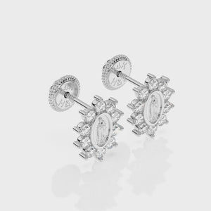 Immaculate Halo, Our Lady of Guadalupe Clear CZ Stud Earrings - Solid 14K White Gold, Screw Back, for Babies & Children