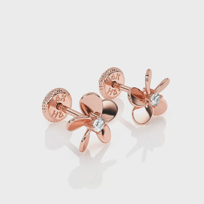 Eternal Blossom, Clear CZ Stud Earrings - Solid 14K Rose Gold, Screw Back, for Babies & Children