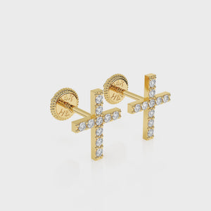 360-degree video of Faithful Cross clear pavé CZ stud earrings in solid 14K yellow gold with screw-back posts.