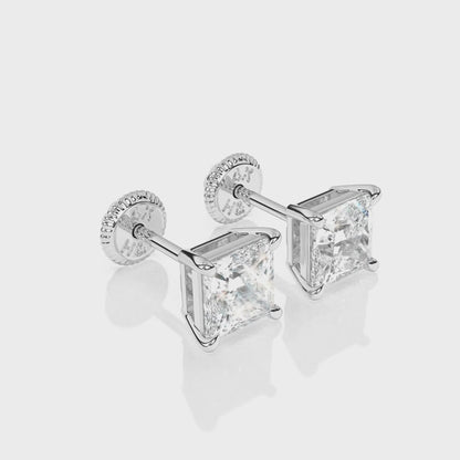4mm Clear Princess Cut CZ, Stud Earrings - Solid 14K White Gold, Screw Back, for Babies & Children