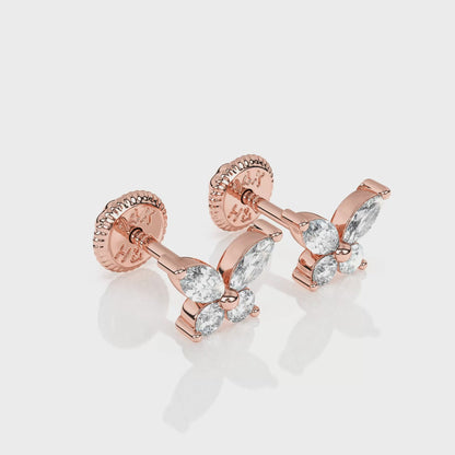 Brilliant Butterfly, Clear CZ Stud Earrings - Solid 14K Rose Gold, Screw Back, for Babies & Children