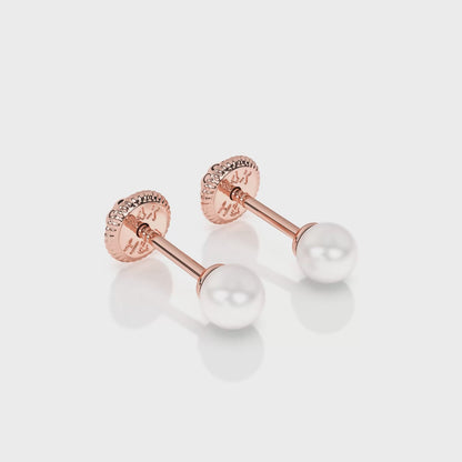3mm Pearl Stud Earrings - Solid 14K Rose Gold, Screw Back, for Babies & Children