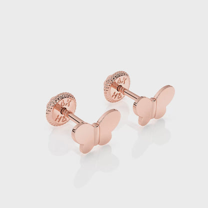 Petite Butterfly, Stud Earrings - Solid 14K Rose Gold, Screw Back, for Babies & Children