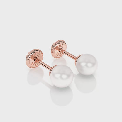 4mm Pearl Stud Earrings - Solid 14K Rose Gold, Screw Back, for Babies & Children