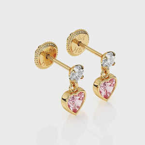 Daring Heart, Pink/Clear Heart CZ Dangle Earrings - Solid 14K Gold, Screw Back, for Babies & Children