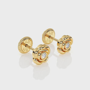 Blooming Rose, Clear CZ Stud Earrings - Solid 14K Gold, Screw Back, for Babies & Children
