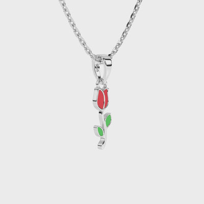 Sterling silver necklace with a red rose pendant on a white background video.