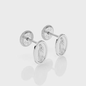 Our Lady of Guadalupe Stud Earrings - Solid 14K White Gold, Screw Back, for Babies & Children