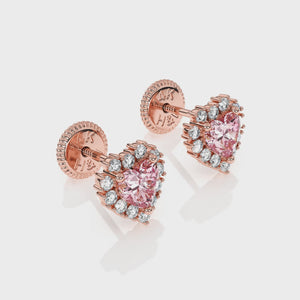 Joyful Heart, Pink/Clear Pavé CZ Stud Earrings - Solid 14K Rose Gold, Screw Back, for Babies & Children