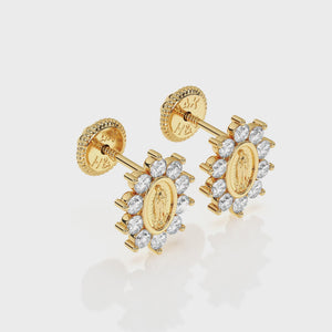 Immaculate Halo, Our Lady of Guadalupe Clear CZ Stud Earrings - Solid 14K Gold, Screw Back, for Babies & Children