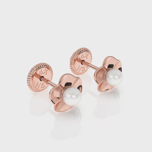 Ruffled Petals and Pearls, AAA-Pearl Stud Earrings - Solid 14K Rose Gold, Screw Back, for Babies & Children
