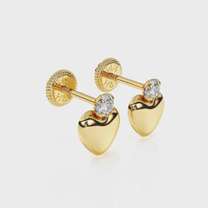 360-degree video of Shining Love puff heart clear CZ stud earrings in solid 14K yellow gold with screw-back posts.