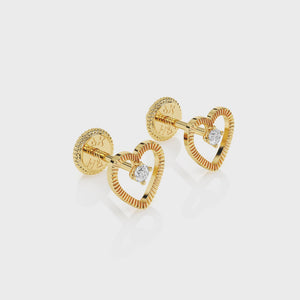 360-degree video of Divine Love diamond cut heart with clear CZ stud earrings in solid 14K yellow gold with screw-back posts.