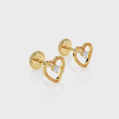 360-degree video of Divine Love diamond cut heart with clear CZ stud earrings in solid 14K yellow gold with screw-back posts.