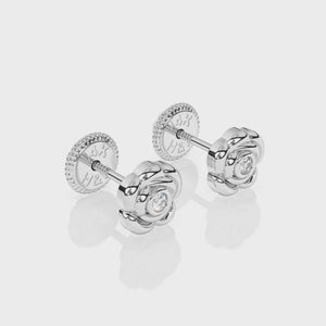 Blooming Rose, Clear CZ Stud Earrings - Solid 14K White Gold, Screw Back, for Babies & Children