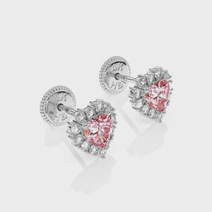 Joyful Heart, Pink/Clear Pavé CZ Stud Earrings - Solid 14K White Gold, Screw Back, for Babies & Children
