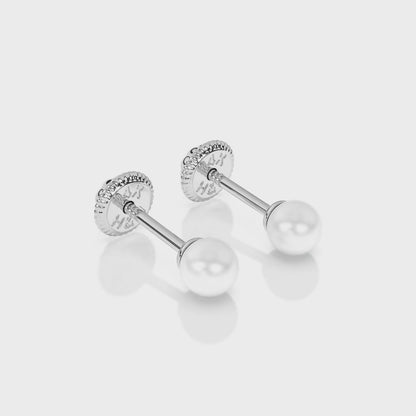 3mm Pearl Stud Earrings - Solid 14K White Gold, Screw Back, for Babies & Children