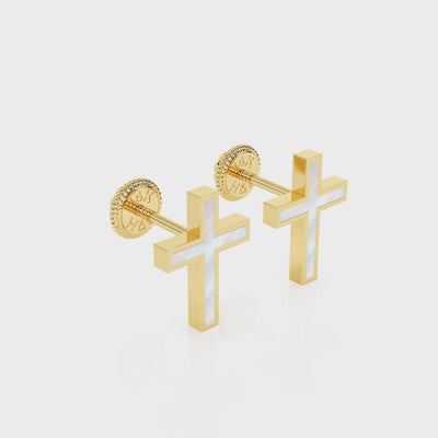 360-degree video of Genuine Faith mother of pearl cross stud earrings in solid 14K yellow gold with screw-back posts.