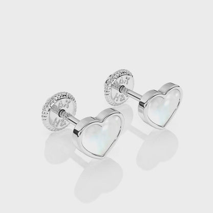 Genuine Love, Mother of Pearl Heart Stud Earrings - Solid 14K White Gold, Screw Back, for Babies & Children