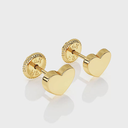 Elegant Heart, Stud Earrings - Solid 14K Gold, Screw Back, for Babies & Children