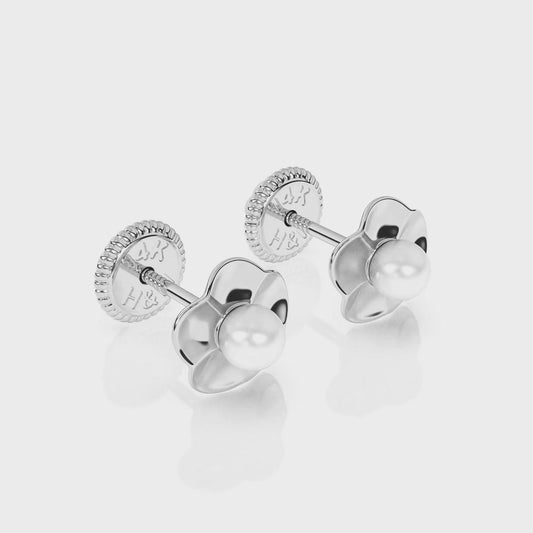 Ruffled Petals and Pearls, AAA-Pearl Stud Earrings - Solid 14K White Gold, Screw Back, for Babies & Children