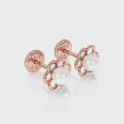 Petals and Pearls, AAA-Pearl Stud Earrings - Solid 14K Rose Gold, Screw Back, for Babies & Children