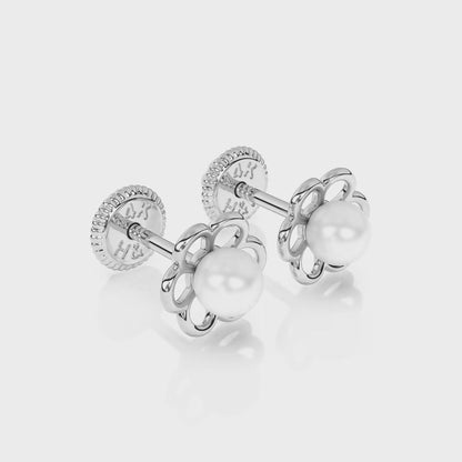 Petals and Pearls, AAA-Pearl Stud Earrings - Solid 14K White Gold, Screw Back, for Babies & Children