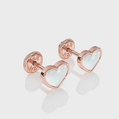 Genuine Love, Mother of Pearl Heart Stud Earrings - Solid 14K Rose Gold, Screw Back, for Babies & Children